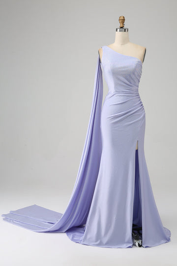 Vestido de fiesta largo de un hombro de sirena lila con abertura